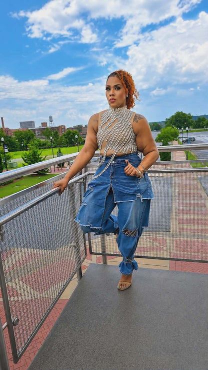 Double-Waisted Distressed Crop Jeans